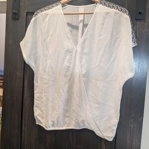 Ann Taylor White Blouse with Black Patterned Shoulders